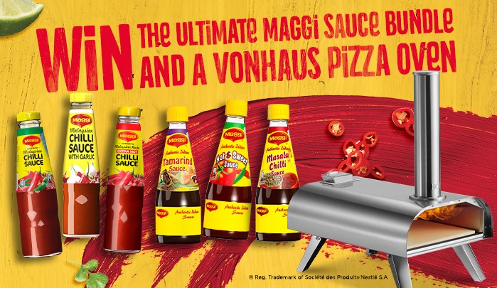 A poster of a pizza with a camera and bottles of sauceAI-generated content may be incorrect., Picture