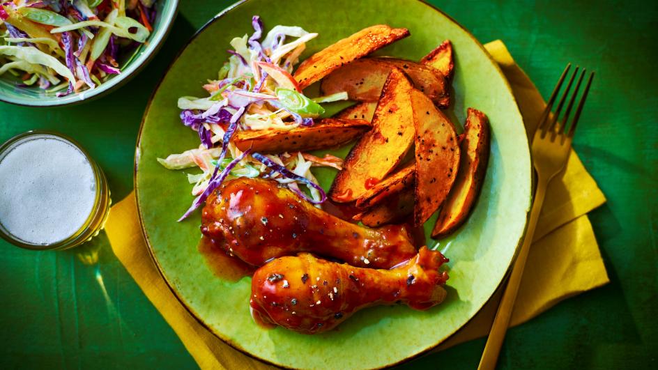 Barbecue Chicken with Sweet Potato Wedges and Slaw