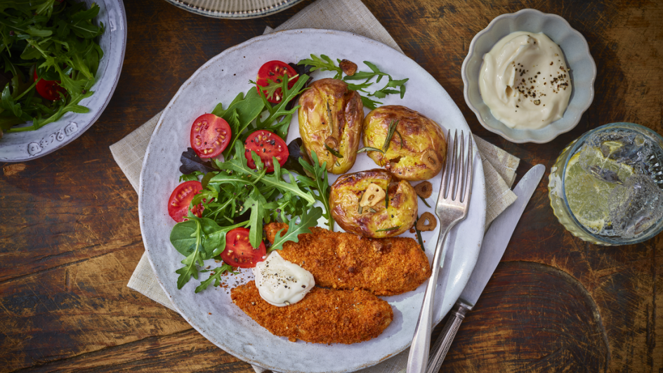 Air Fryer Crispy Southern Style Chicken with New Potatoes and Aioli